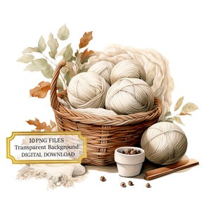 Wolle stricken Korb mit Garnkugeln Clipart Bundle - 10 hochwertige Aquarell PNGs - Basteln, Journaling, Scrapbook, digitaler Download