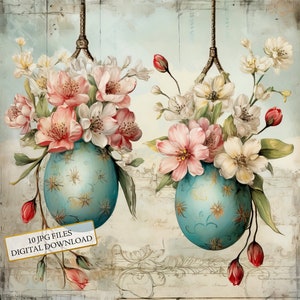 Paquete de imágenes prediseñadas de huevos de Pascua colgantes estilo shabby chic: 10 archivos JPG de acuarela de alta calidad. Material para manualidades, diarios, álbumes de recortes y descarga digital.