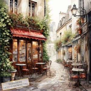 Zestaw clipartów Cafe in Narrow Alley - 10 wysokiej jakości akwareli JPG - Europejskie miasto, rzemiosło, dziennikarstwo, scrapbooking, pobieranie cyfrowe