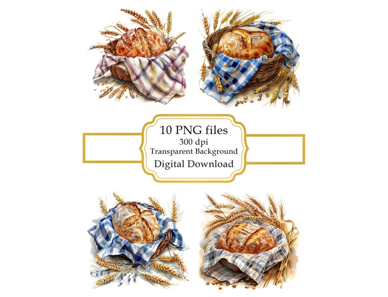 Rustikt bröd i korg PNG Clipart-paket - Digital nedladdning bild 1