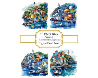Vibrant Coastal Village with Colorful Houses PNG Clipart Bundle- Digital Download