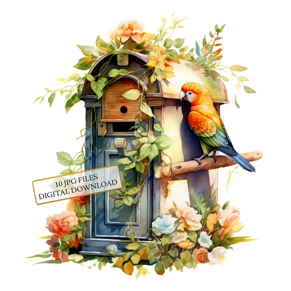 Vintage Floral Mailbox with a Parrot Clipart Bundle- 10 High Quality Watercolor JPGs- Crafting, Junk Journaling, Scrapbook, Digital Download