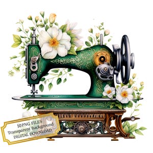 Antique Green Floral Sewing Machine PNG Clipart Bundle- Digital Download