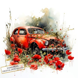 Altes rotes Retro Auto im Mohnfeld Clipart Bundle - 10 hochwertige Aquarell JPGs - Landschaft, Journaling, Scrapbooking, digitaler Download