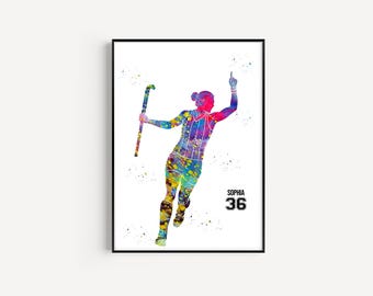 Female Field Hockey Player, Personalized Name and Number, Sport, Watercolor Art Gift, Printable Poster