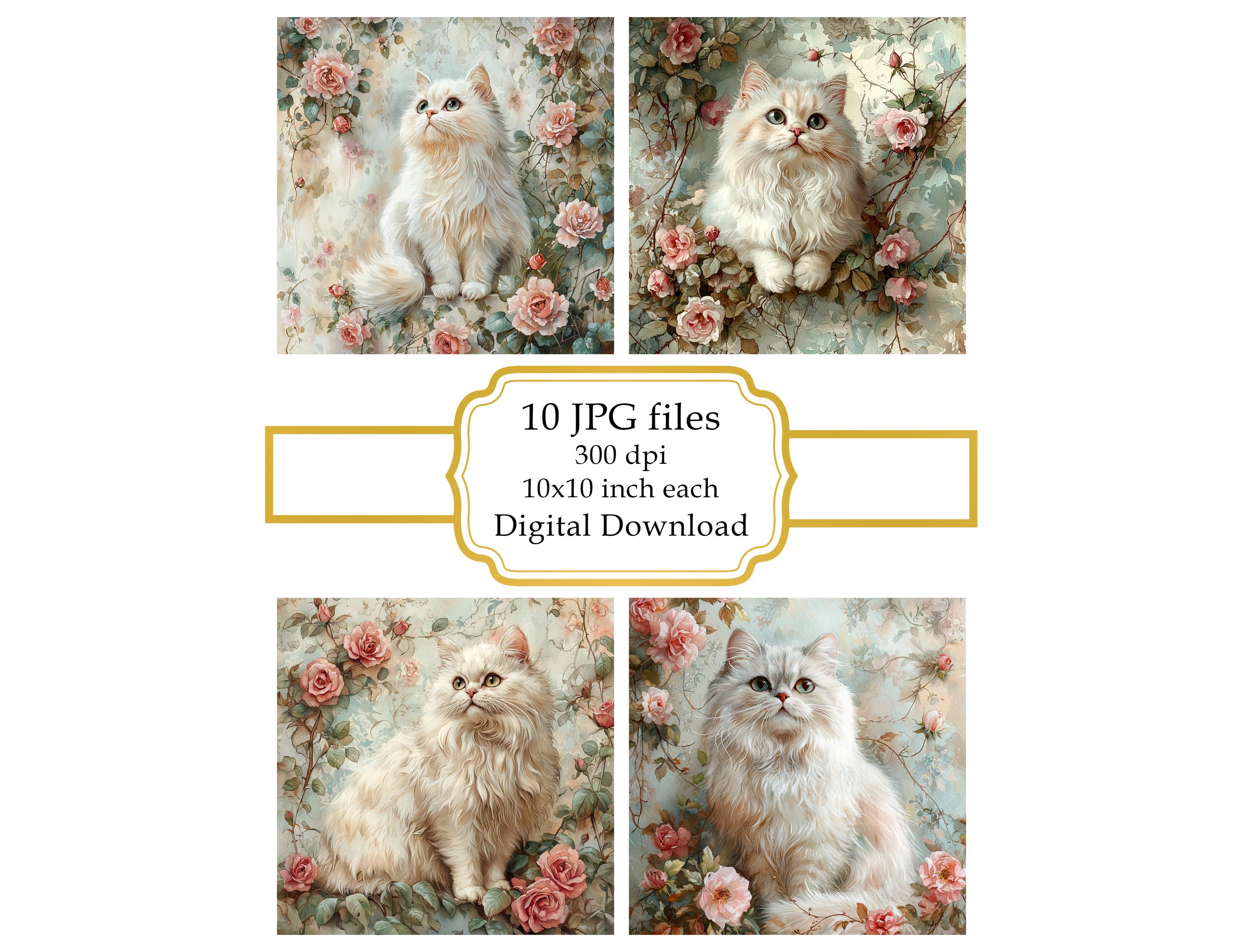 ペルシャ猫と花のポートレート JPG クリップアートバンドル - デジタル