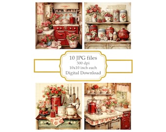 Shabby Chic Retro Red Kitchen JPG Clipart Bundle- Digital Download