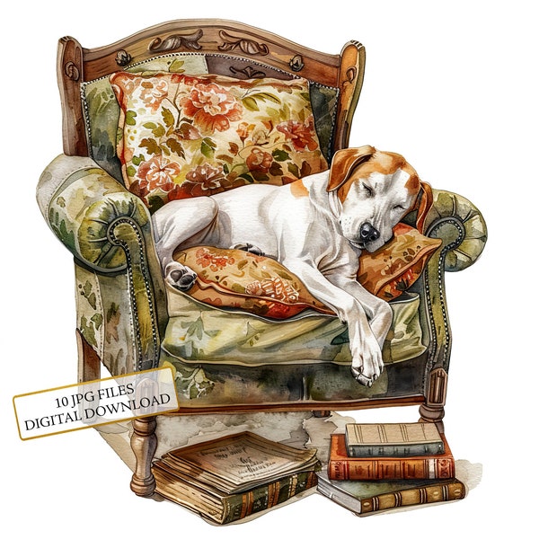 Dog Laying in Victorian Reading Chair Clipart Bundle- 10 High Quality Watercolor JPGs- Vintage, Journaling, Scrapbooking, Digital Download