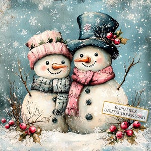 Vintage Pink Blue Snowmen in Winter Clipart Bundle- 10 High Quality Watercolor JPGs- Christmas, Craft, Scrapbook Supply, Digital Download