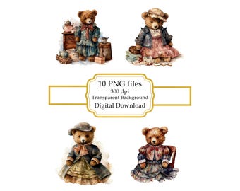 Teddy Bear in Vintage Clothes PNG Clipart Bundle- Digital Download