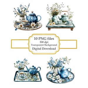 Tablett mit blauem Tee-Set mit Blumen PNG Clipart Bundle-Digital Download