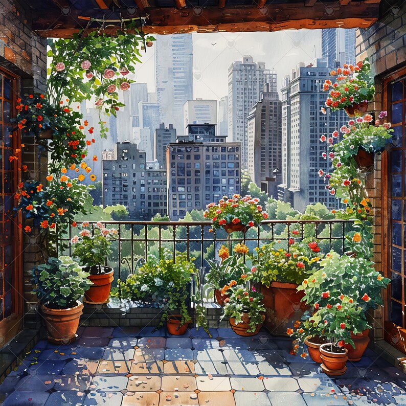 Cozy Urban Garden Among Skyscrapers JPG Clipart Bundle- Digital Download image 3