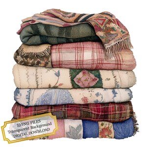 Pile of Soft Plaid Blankets PNG Clipart Bundle- Digital Download