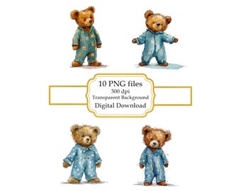 Teddy Bear in Blue Baby's Pajama PNG Clipart Bundle- Digital Download