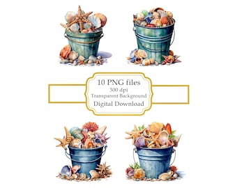Seashells in a Bucket PNG Clipart Bundle- Digital Download