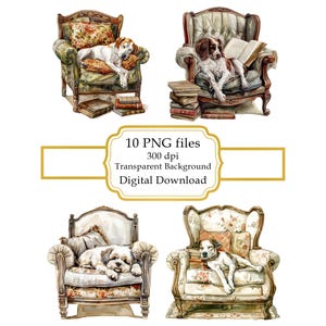Dog Laying in Victorian Reading Chair PNG Clipart Bundle- Digital Download