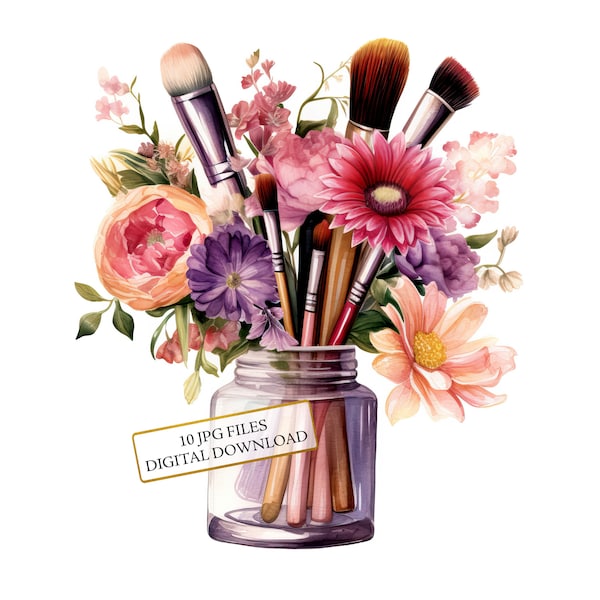 Floral Makeup Brushes in a Glass Bottle Clipart Bundle- 10 High Quality Watercolor JPGs- Craft, Journaling, Scrapbooking, Digital Download
