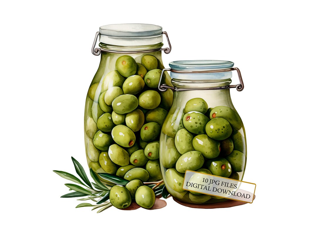 Jars of Green Olives Clipart Bundle 10 High Quality Watercolor Jpgs