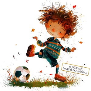 Pacchetto di clipart di bambini che giocano a calcio - 10 JPG di acquerelli di alta qualità - Arte per bambini, diario, forniture per album, download digitale