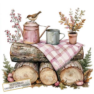 Ein kleiner Vogel auf Holzstämmen und Decke im Garten, Clipart Bundle - 10 hochwertige Aquarell JPGs - Journaling, Scrapbook, digitaler Download