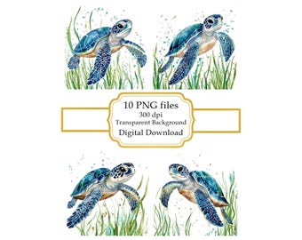 Blue Sea Turtle Swimming Between Seagrass PNG Clipart Bundle- Digital Download