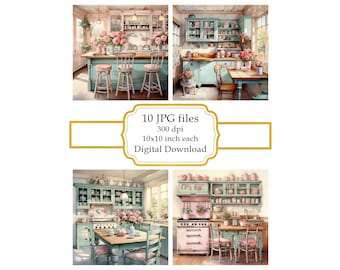 Shabby Chic Retro Blue Kitchen JPG Clipart Bundle- Digital Download