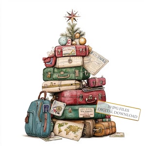Árbol de Navidad hecho con equipaje: 10 imágenes prediseñadas en acuarela de alta calidad (JPG) para fiestas, diarios, álbumes de recortes y descarga digital.