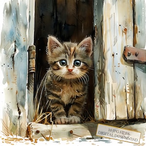 Leuk katje zit in de deuropening clipartbundel-10 hoge kwaliteit aquarel jpgs-craft, journaling, scrapbook levering, digitale download