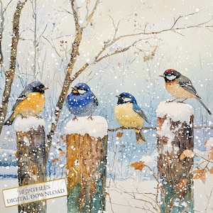 Oiseaux d'hiver sur des poteaux en bois dans la forêt enneigée Clipart Bundle - 10 JPG aquarelles de haute qualité - créations artistiques, journalisation, album, téléchargement numérique