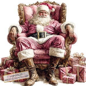 Pacote de clipart de Papai Noel rosa sentado com presentes - 10 JPGs de aquarela de alta qualidade - Natal, diário, álbum de recortes, download digital