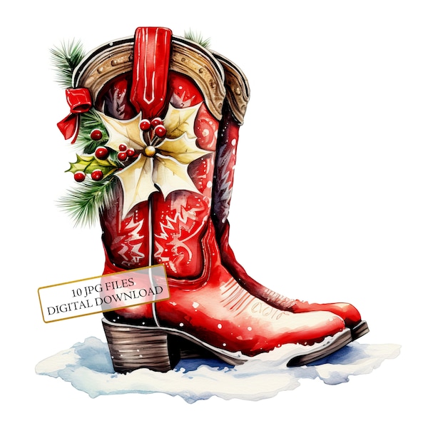 Christmas Cowboy Boots Clipart Bundle- 10 High Quality Watercolor JPGs- Winter Holidays, Journaling, Scrapbook Supply Digital Download