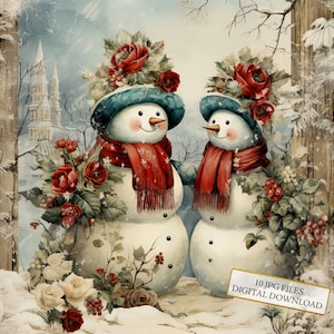 Vintage sneeuwpoppen in winterlandschap clipart bundel-10 hoge kwaliteit aquarel jpg's-kerst, ambacht, scrapbook levering, digitale download