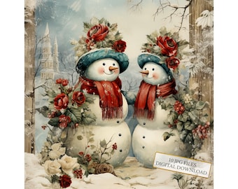 Vintage Snowmen in Winter Scenery Clipart Bundle- 10 High Quality Watercolor JPGs- Christmas, Craft, Scrapbook Supply, Digital Download