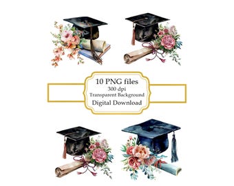 Floral Graduation Cap with Diploma PNG Clipart Bundle- Digital Download