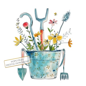 Adorables herramientas de jardinería en un cubo: 10 imágenes en acuarela de alta calidad (JPG). Material para manualidades, diarios, álbumes de recortes y descarga digital.