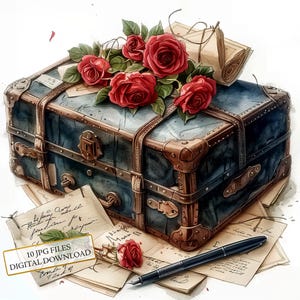 Pacote de mala vintage com rosas vermelhas, letras e caneta clipart - 10 JPGs aquarela de alta qualidade - Diário, álbum de recortes, download digital