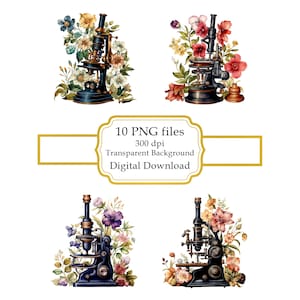 Vintage Microscope with Flowers PNG Clipart Bundle- Digital Download