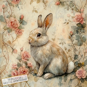 Kaninchen unter verwachsenen Rosen Clipart Bundle - 10 hochwertige Aquarell JPGs - Frühling, Journaling, Scrapbook, digitaler Download
