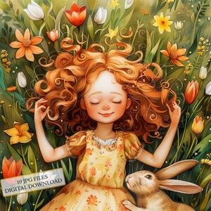 Paquete de imágenes prediseñadas de niña con conejito entre flores silvestres: 10 archivos JPG de acuarela de alta calidad para diario, scrapbooking y descarga digital.