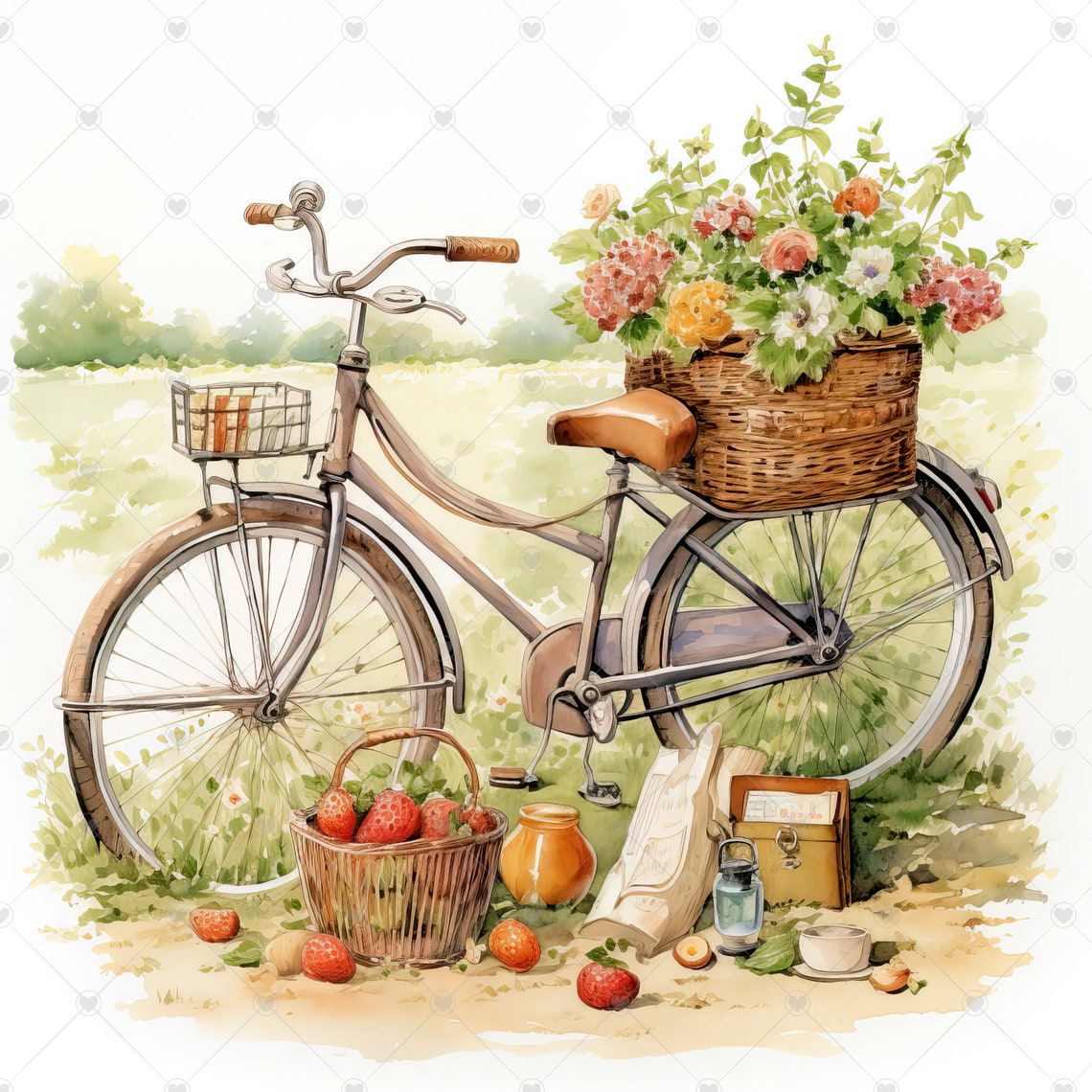 Bicycle With Picnic Basket Scenery Clipart Bundle 10 High - Etsy