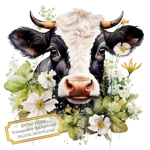 Entzückende Kuh unter weißen gelben Blumen Clipart Bundle - 10 hochwertige Aquarell PNGs - Handwerk, Journaling, Scrapbooking, digitaler Download