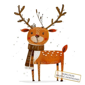 Adorabile set di clipart di renne - 10 JPG di acquerelli di alta qualità - Natale, asilo nido, diario, forniture per album, download digitale