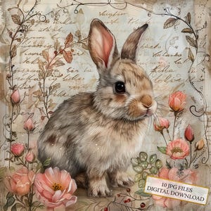 Paquete de imágenes prediseñadas de conejito con flores estilo shabby chic - 10 archivos JPG de acuarela de alta calidad - Manualidades, diario, álbumes de recortes, descarga digital