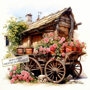 Pacchetto di clipart di carri floreali in legno rustico - 10 JPG di acquerelli di alta qualità - Arte del giardino, diario di spazzatura, album di ritagli, download digitale