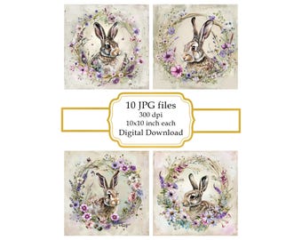 Hare in Wildflower Wreath on Vintage Paper JPG Clipart Bundle- Digital Download