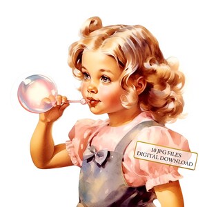 Bambina che soffia bolle Clipart Bundle - 10 JPG ad acquerello di alta qualità - Arte per bambini, diario, forniture per album, download digitale