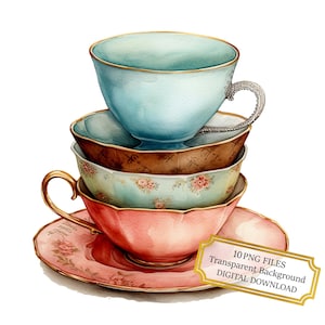 Raccolta di clipart di tazze da tè vintage impilate - 10 PNG acquerellati di alta qualità - Arte da cucina, artigianato, journaling, scrapbooking, download digitale