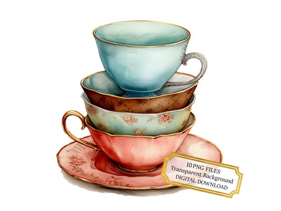 Stacked Vintage Teacups PNG Clipart Bundle- Digital Download