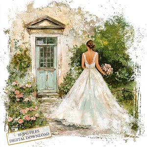 Braut mit Blumenstrauß an einer alten Villa, Clipart Bundle - 10 hochwertige Aquarell JPGs - Hochzeit, Journaling, Scrapbooking, digitaler Download