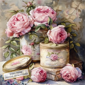 Shabby Chic Vintage Tin Boxes con Rose Rosa Clipart Bundle- 10 JPG ad acquerello di alta qualità- Journaling, Scrapbooking, Download digitale